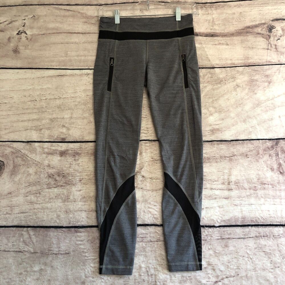 Lululemon Run Inspire Crop ll 4 Womens Gray Black Mesh Leggings Zip Pockets Gym